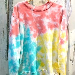 Aqua, Coral, Yellow Tie Dye Loose Tunic Sweatshirt